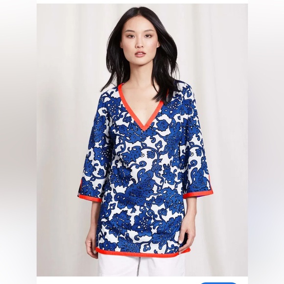 Boden Tops - Blue Floral Tunic Orange Trim Light Weight 100% Cotton US Size 4 Beach Cover Up